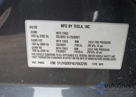 2020 Tesla Model Y Long Range Dual Motor All-Wheel Drive/Performance Dual Motor All-Wheel Drive from USA, damaged, VIN 5YJYGDEF4LF043295